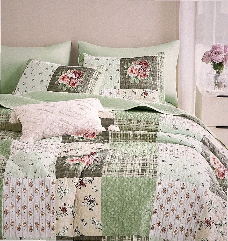 3pc Green Patchwork Quilt Set Twin XL Floral Plaid Farmhouse Cottagecore Bedding