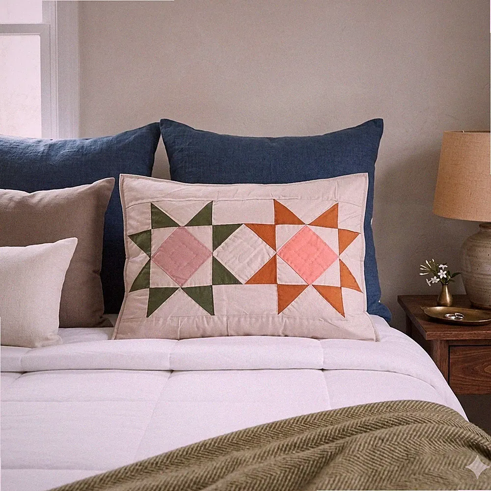 A pair of New Missouri Stars Patchwork 100%Cotton shams, Hand stitched 20x26"