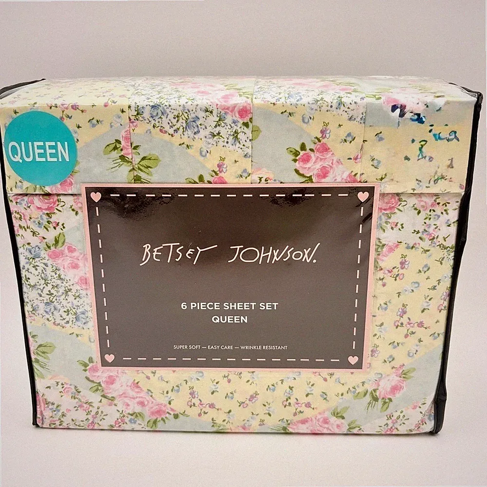 Betsey Johnson Queen 6 Piece Sheet Set Patchwork Floral Blue Pink Rose