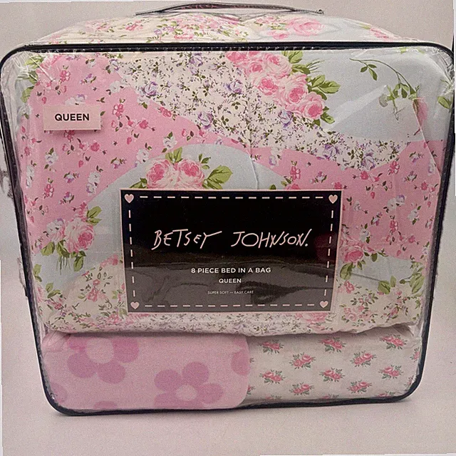 Betsey Johnson Queen 8 Piece Bed in a Bag Floral Patchwork Pink Comforter Set