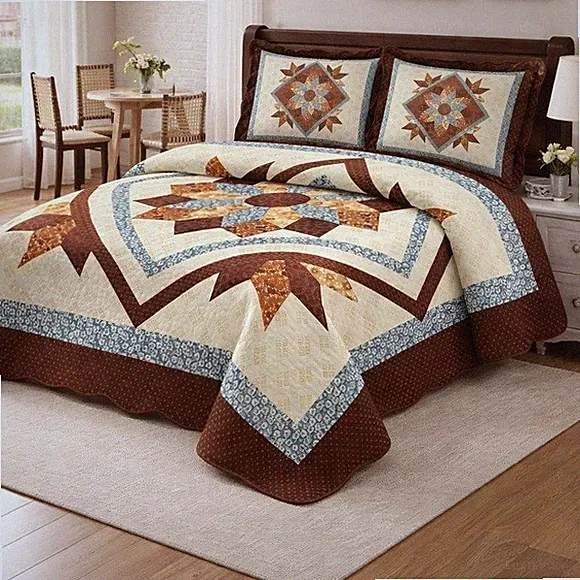 Brown and Cream Star Patchwork Quilt Set - Home Bedding Queen size