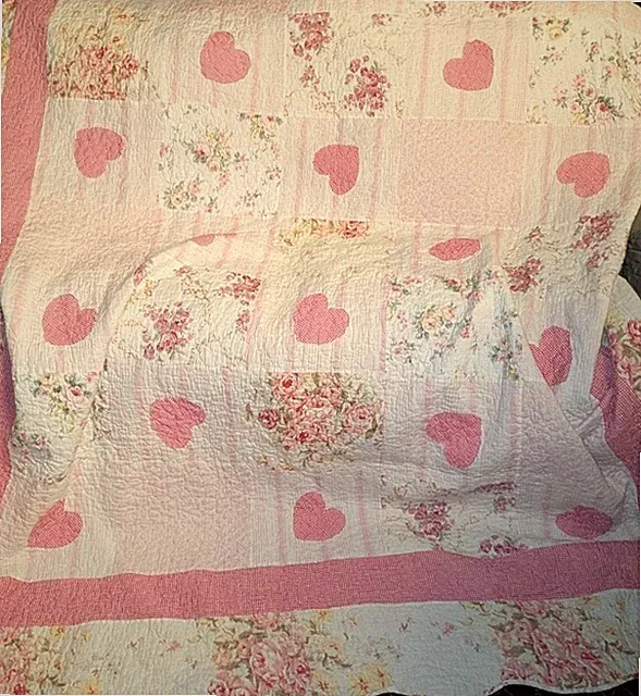 Cottagecore Heart Patchwork Quilt Oversized Queen 100x90" Reversible Floral Rose