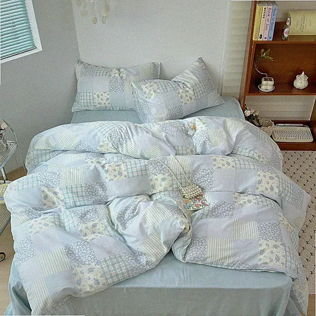 Cute Floral Checkered Cotton Duvet Cover Set, Blue, Queen 90x90 Inch
