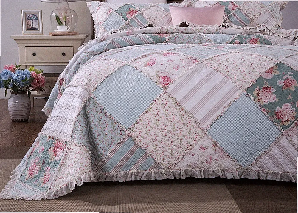 DaDa Bedding Cottage Mint Floral Pastel Cotton Patchwork Bedspread Quilt Set
