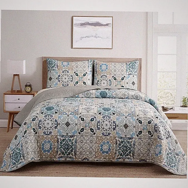 DAN RIVER REVERSIBLE PRINTED QUILT SET 3 PIECE FULL QUEEN - BLUE PATCHWORK TILE