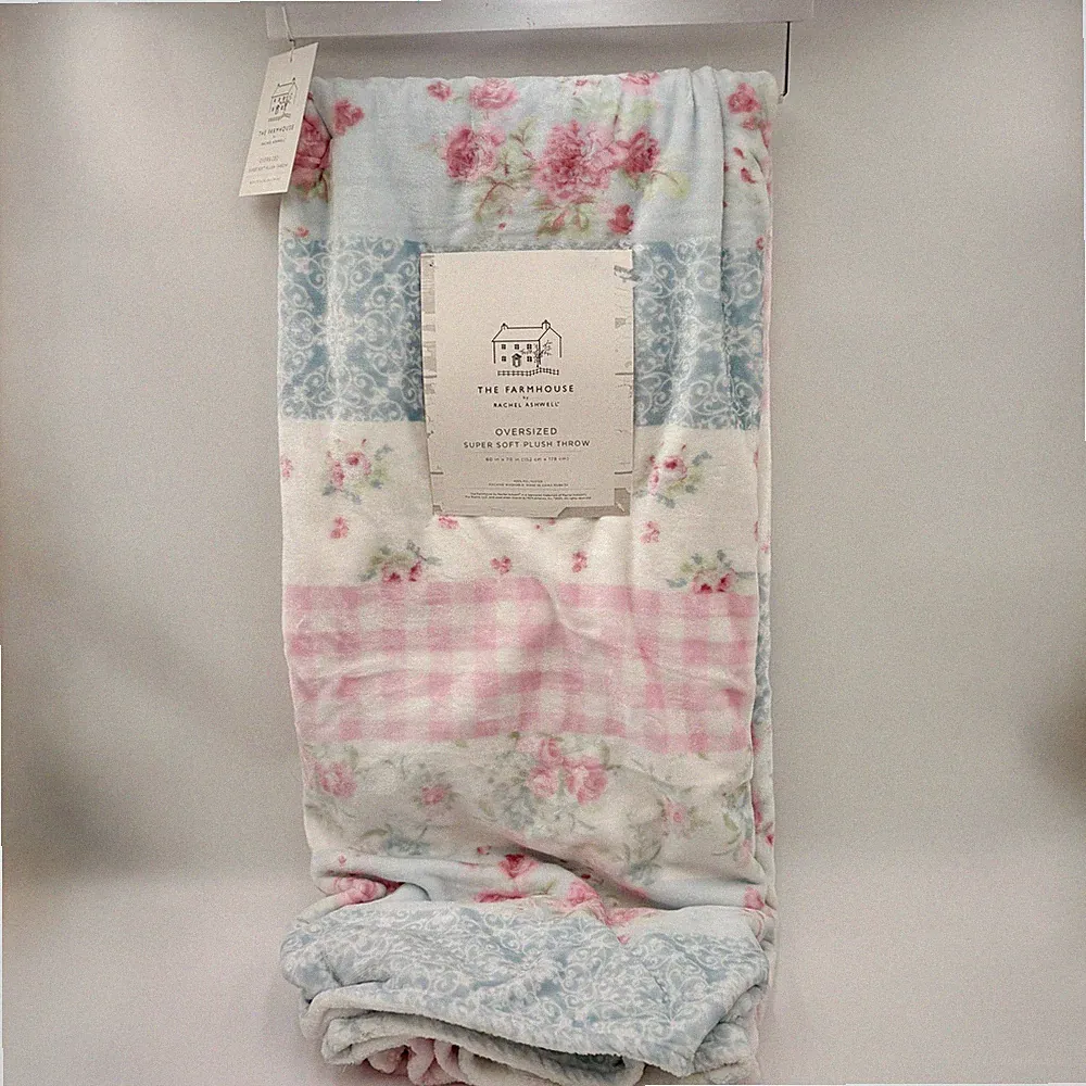 Farmhouse by Rachel Ashwell Plush Patchwork Throw Blanket Floral Gingham Pink