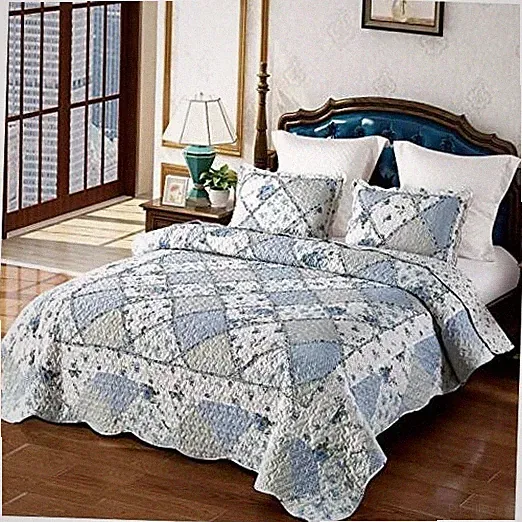 Floral Patchwork Quilt Set, Full 3 Piece Bedding Set with 2 Queen Size Blue
