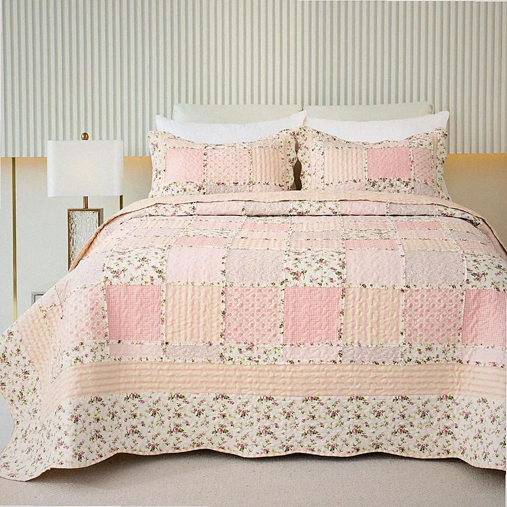 Garden Floral Quilt Bedspread Twin Size, Patchwork Pink Quilt Set with 1 Pillow