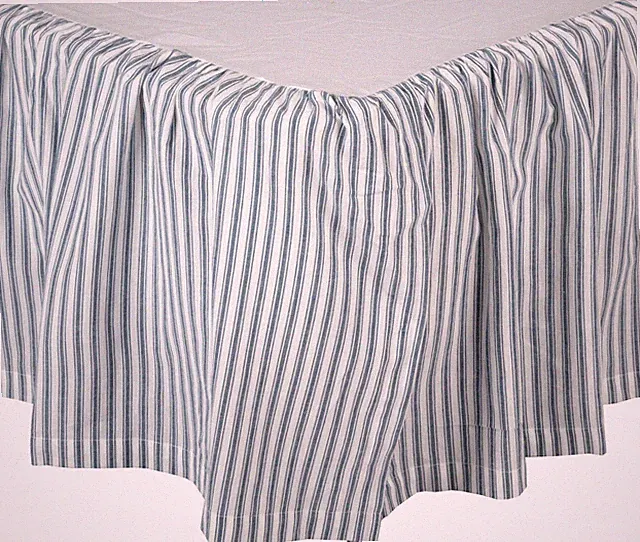 Gathered King Bed Skirt Denim Blue Ticking Stripe Farmhouse Style Sawyer Mill