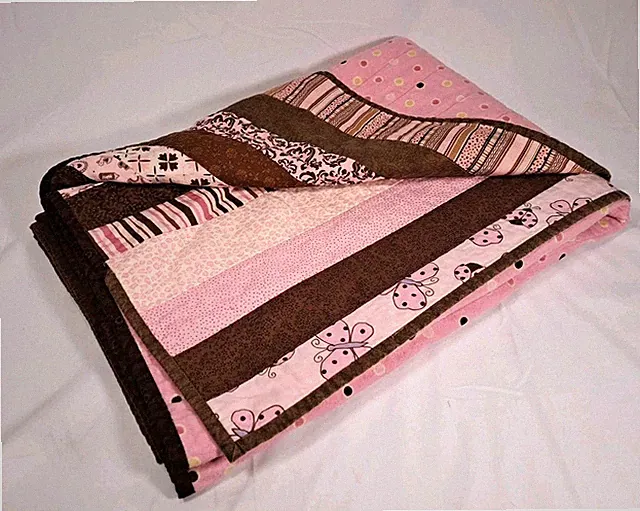Handmade Pink Brown Patchwork Quilt Butterfly Polka Dot Stripe Blanket 52" x 39"