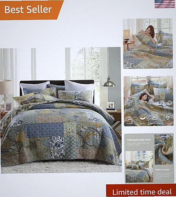 King Size Comforter Set Cotton Quilt Boho Patchwork Reversible Bedspread