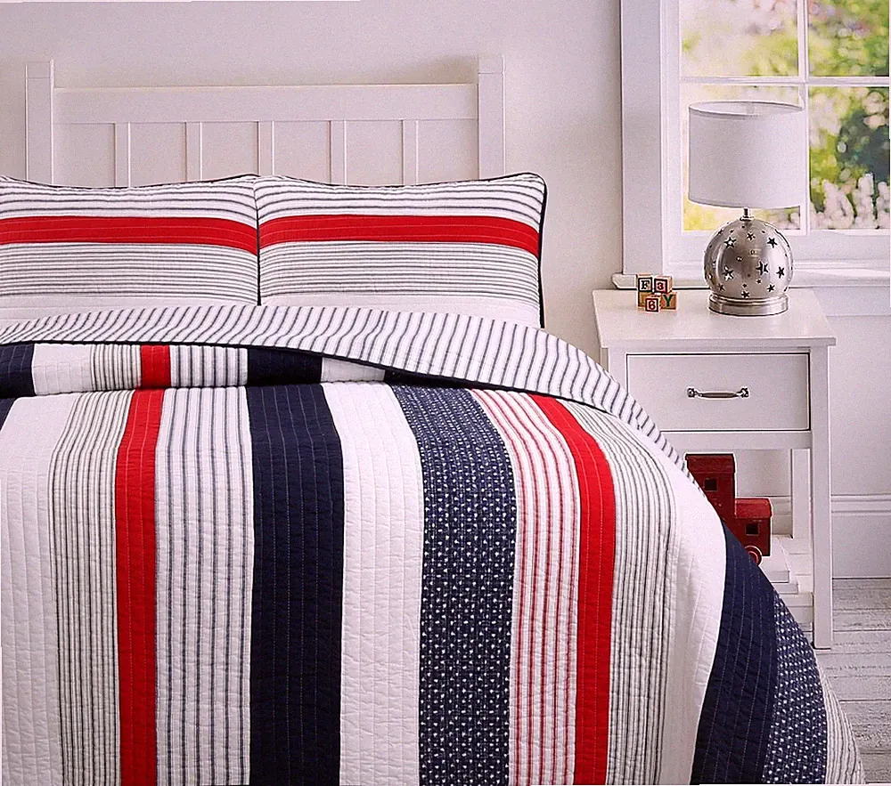 Liberty Patriotic Stripe Red Blue White Patchwork Cotton Quilt Bedding Set