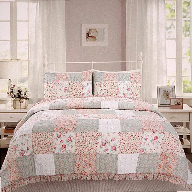 Mucci Floral Ruffle Real Patchwork 100%Cotton Quilt Set, Bedspread, Coverlet