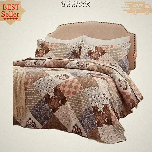 NEW Quilt Set 3-Piece Lightweight Reversible Floral Patchwork Brown 90x98