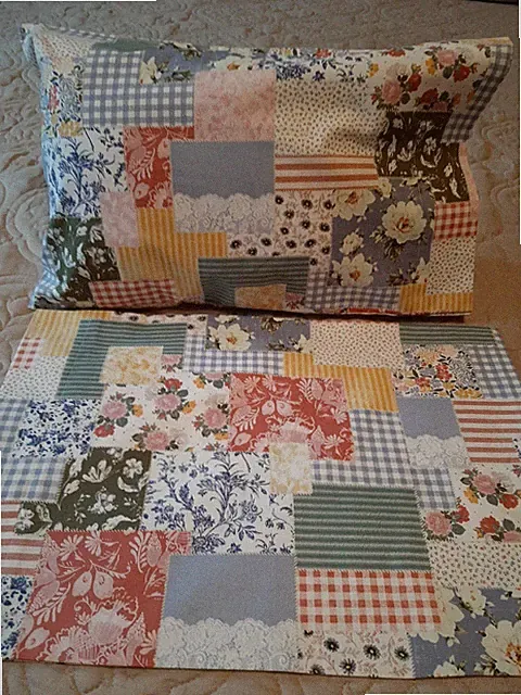 Patchwork Flowers Stripes Blues Greens Cotton Fabric Travel Size Pillowcase (1)