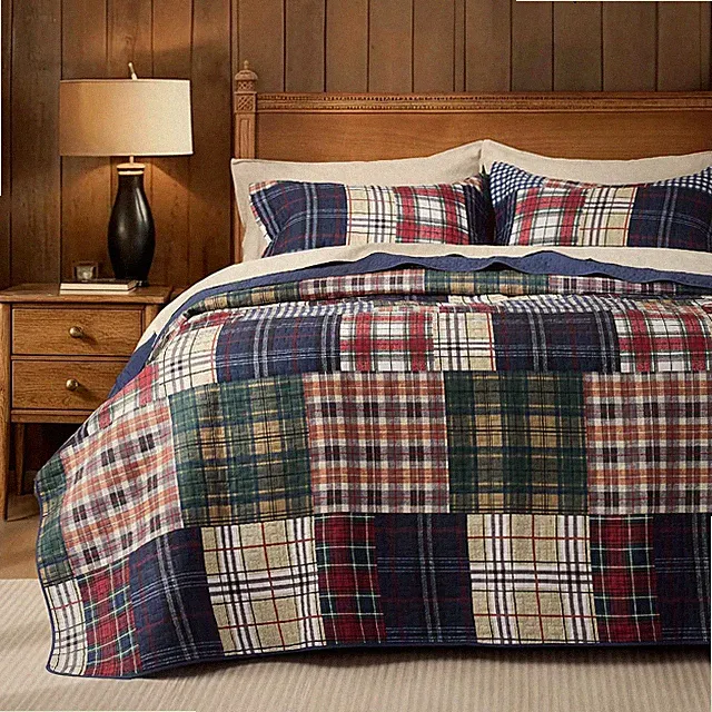 Patchwork Queen Quilt Bedding Set, Plaid Lightweight Reversible