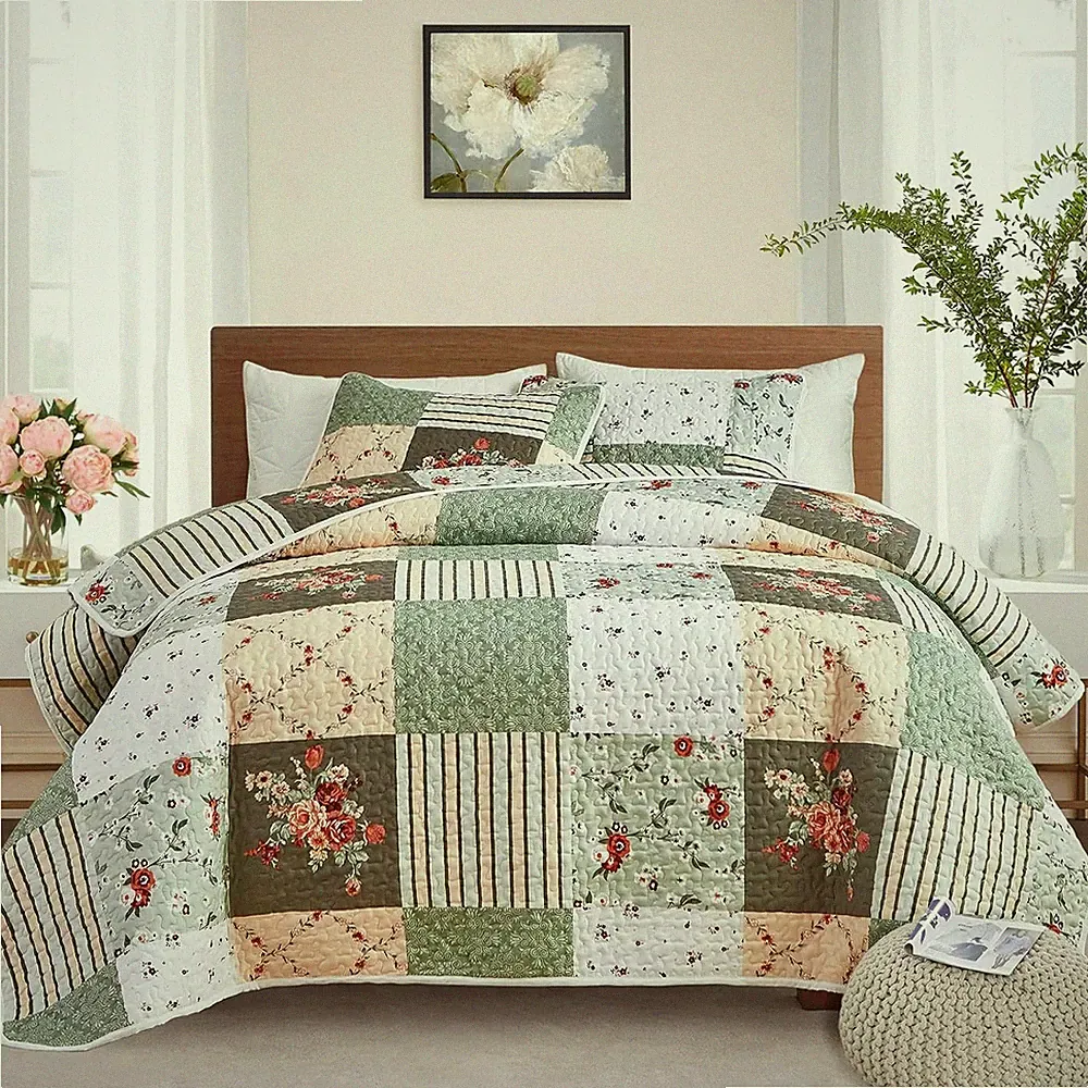 Patchwork Quilt Set Twin Size, 2 Twin-68" x 86" (1 Quilt + 1 Pillow Sham) Green
