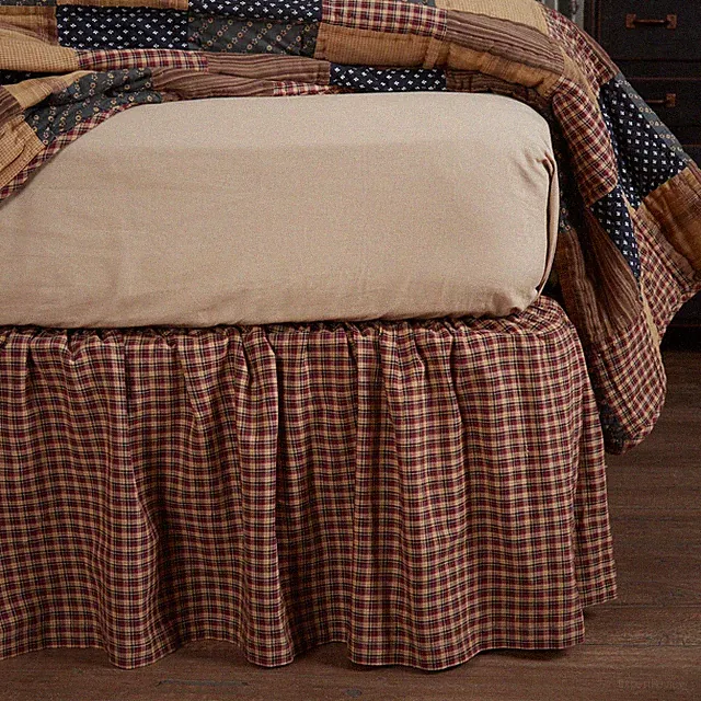 Patriotic Patch Primitive Twin Bed Skirt Red Tan Navy Plaid 39x76x16" VHC Brands