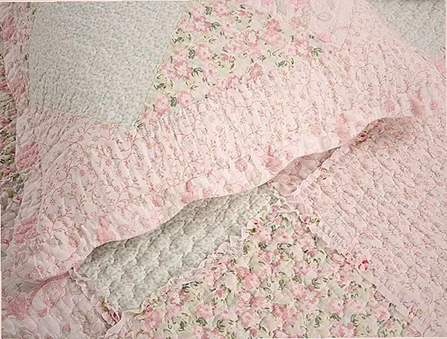 ROMANTIC CHIC 100% Cotton QUILT SET : COZY PINK GREEN PATCH SHABBY RUFFFLE