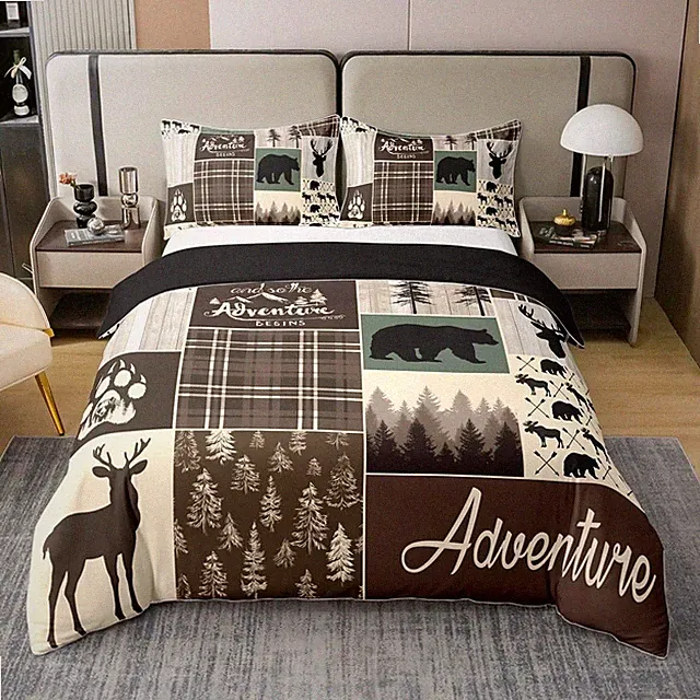Rustic Patchwork 100% Cotton Duvet Cover Hunting Deer Bear Comforter Cover Qu...