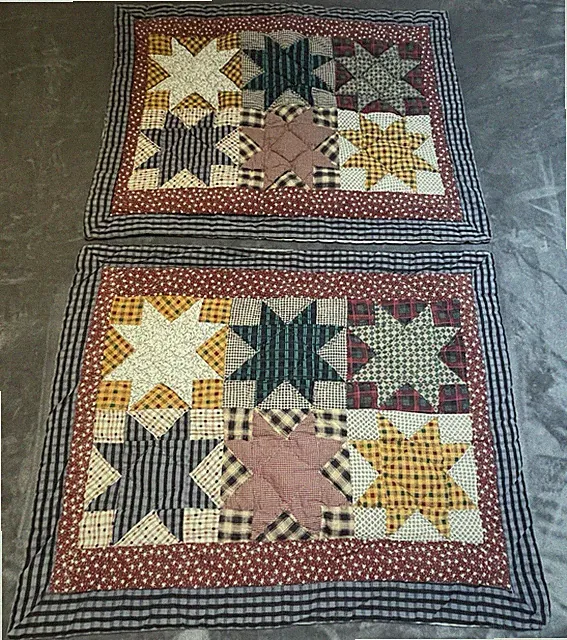 Set of 2 Hand Stitched Stars Patchwork Standard Shams Country Red Blue Gold