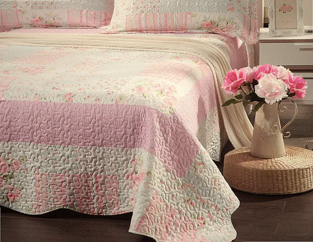 Tache Pink White Pastel Wildflower Print Patchwork Bedspread - Quilt Only