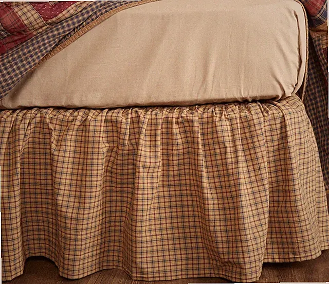 Tan Plaid Bed Skirt Rustic Lodge Style Cotton Dust Ruffle w/ Red Blue Millsboro