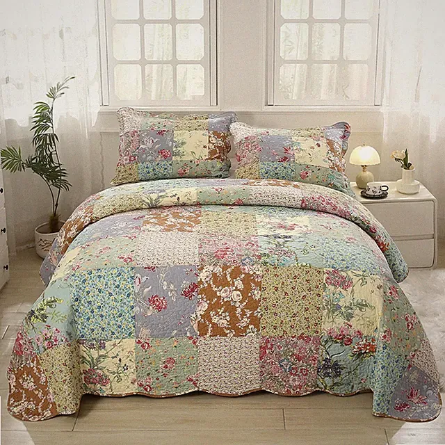 vctops Boho Patchwork Cotton Quilted Bedspread Quilt Set Queen Size 3 Pieces