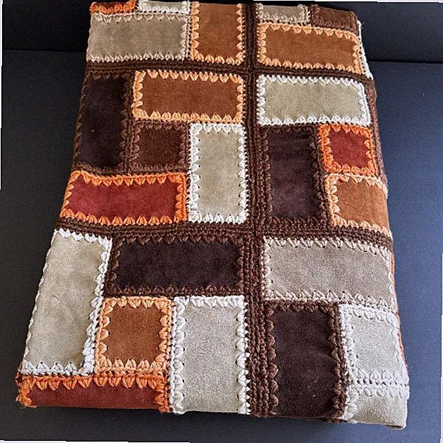Vtg 70s Suade Leather Patchwork Crochet Throw Blanket Hippie Boho Orange 46x69