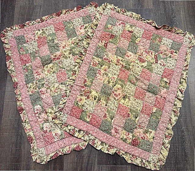 Vtg Quilted Patchwork Pillow Shams Set Of 2 Standard Size Pink Sage Ivory Ruffle