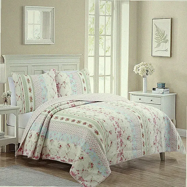 Wild Rose Enchantment Patchwork 100% Cotton Quilt Set, Bedspread, Coverlet